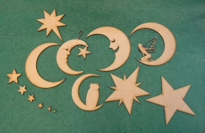 Wood Cutouts Stars Moon and Sun shapes for crafters