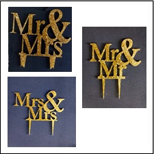 MR & MRS, MR & MR OR MRS & MRS GOLD GLITTER CAKE TOPPER